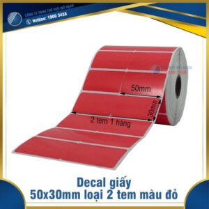 Decal giấy in mã vạch 50x30mm màu đỏ 2 tem 1 hàng