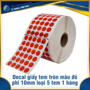 Decal giấy tem tròn phi 10mm màu đỏ loại 5 tem 1 hàng
