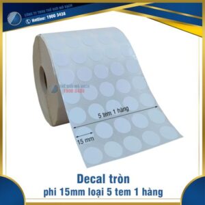 Decal giấy tem tròn phi 15mm loại 5 tem 1 hàng