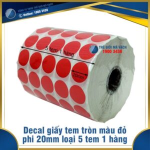 Decal giấy tem tròn phi 20mm màu đỏ loại 5 tem 1 hàng