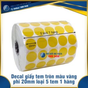 Decal giấy tem tròn phi 20mm màu vàng loại 5 tem 1 hàng