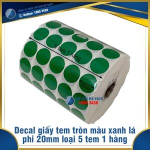 Decal giấy tem tròn phi 20mm màu xanh lá loại 5 tem 1 hàng