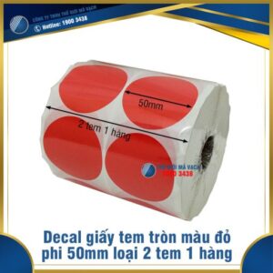 Decal giấy tem tròn phi 50mm màu đỏ loại 2 tem 1 hàng