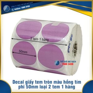 Decal giấy tem tròn phi 50mm màu hồng tím loại 2 tem 1 hàng