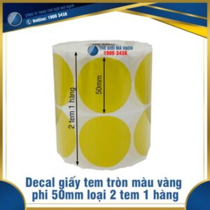 Decal giấy tem tròn phi 50mm màu vàng loại 2 tem 1 hàng