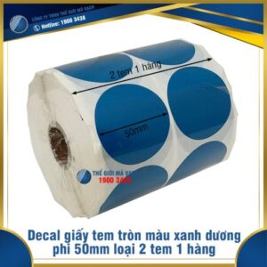 Decal giấy tem tròn phi 50mm màu xanh dương loại 2 tem 1 hàng